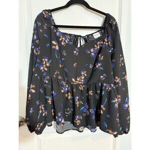 Women’s Black Floral Blouse Boho 2X Peasant Ribbed Plus Long Sleeve